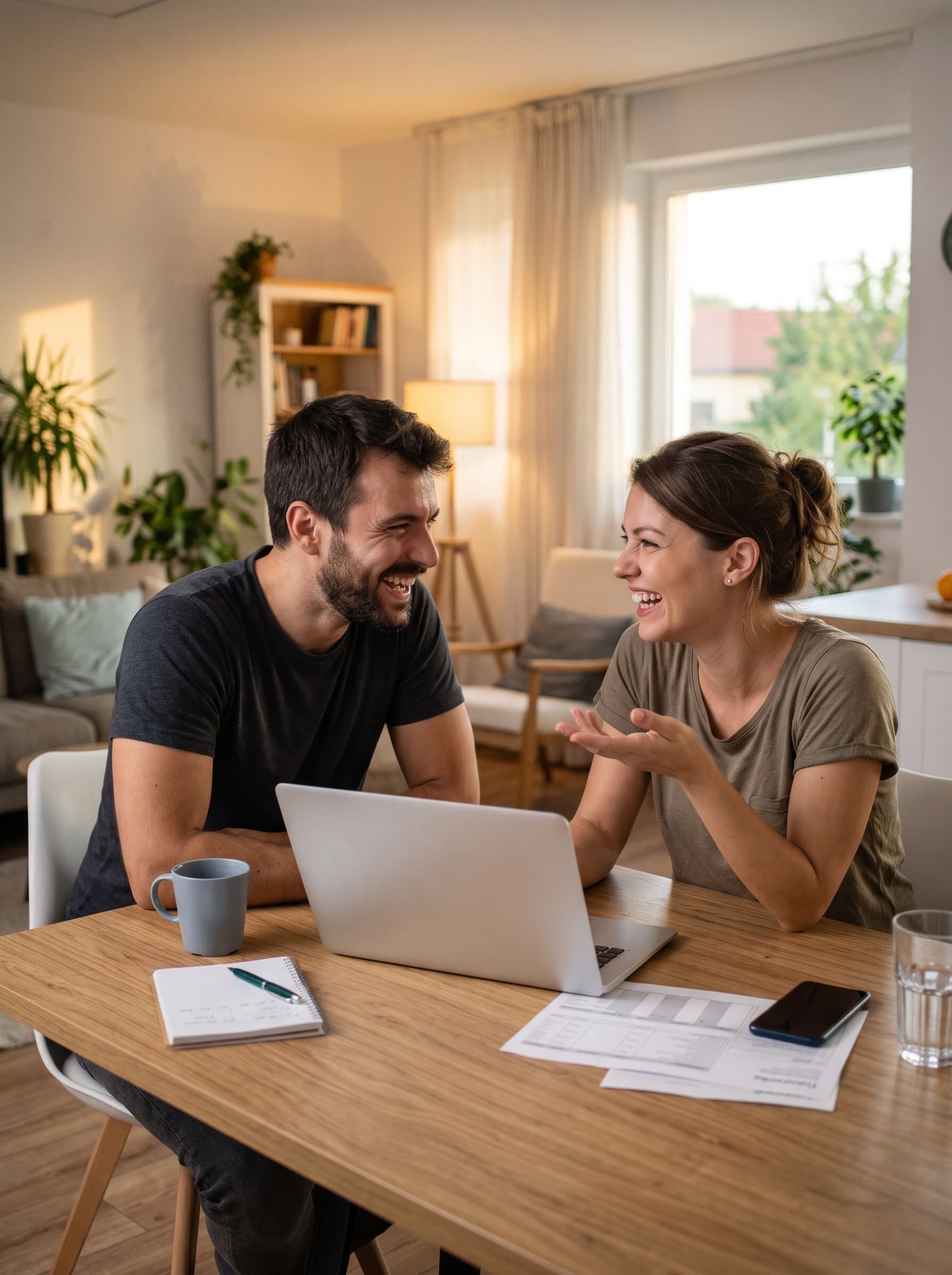 Casal à mesa da sala com o notebook aberto entre os dois, conversando e rindo.
