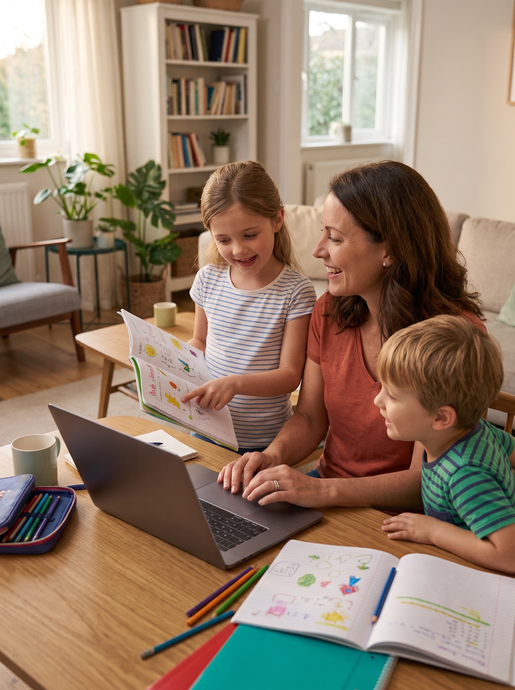 Mãe no notebook com os dois filhos ao lado: a filha mostra um caderno da escola e o menino sorri.