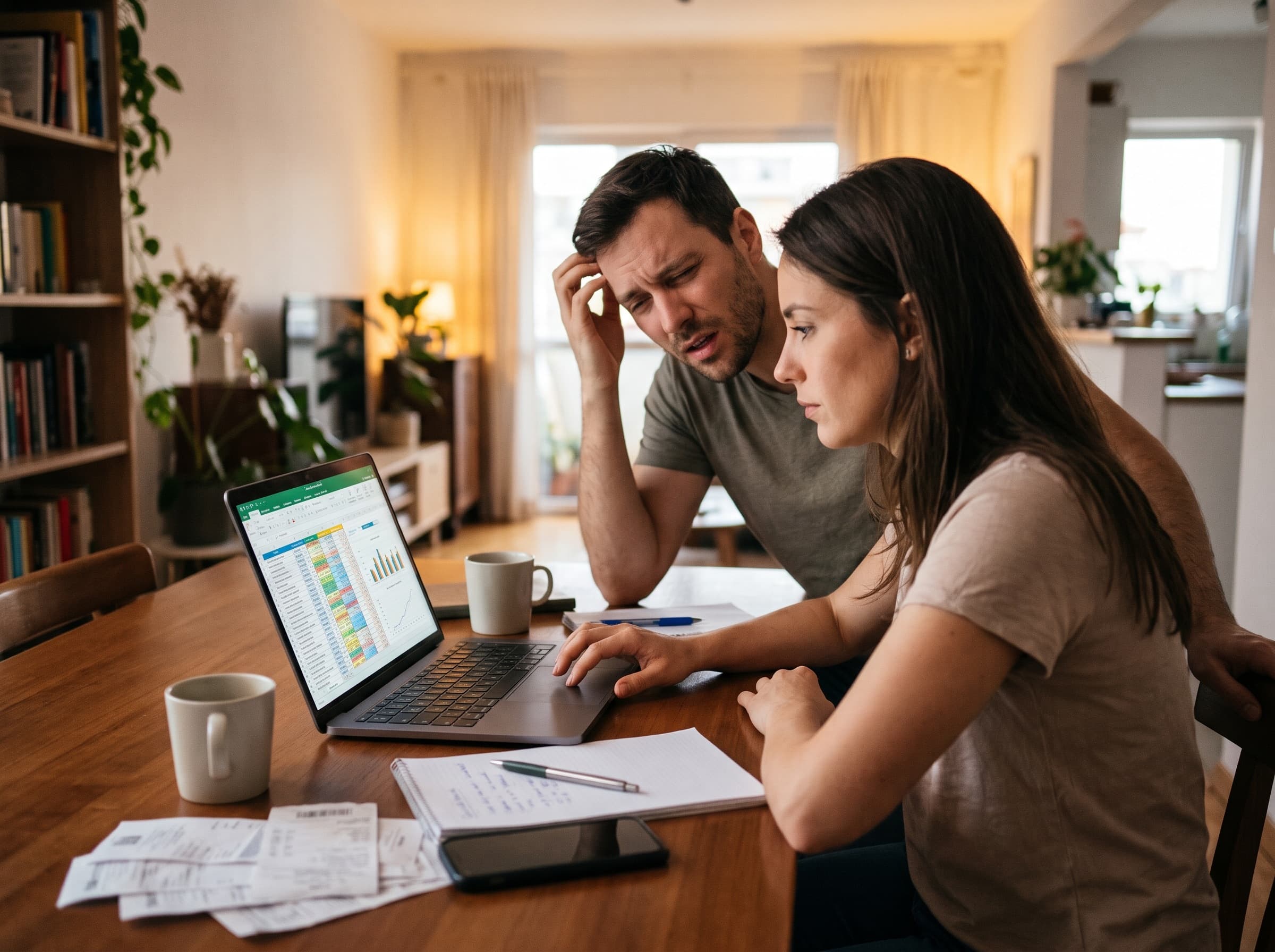 Casal em casa diante do notebook com uma planilha aberta: ela olha a tela e ele coça a cabeça, sem entender os números.