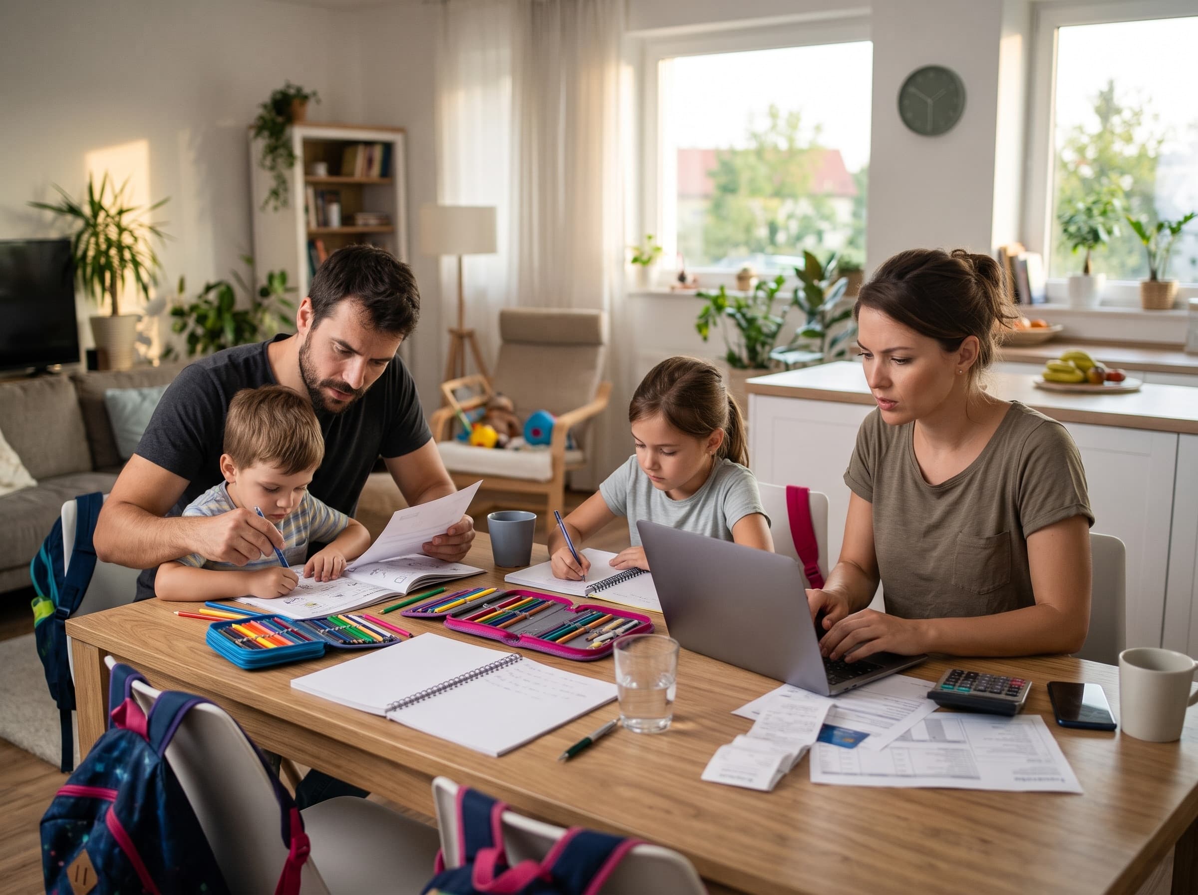 Família à mesa da cozinha: o pai ajuda o filho com a lição, a filha desenha e a mãe faz as contas no notebook, entre cadernos e estojos.